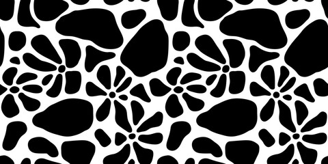 Abstract black and white flower art seamless pattern. Trendy contemporary floral nature shape background illustration. Natural organic plant leaves artwork wallpaper print. Vintage spring texture.	
