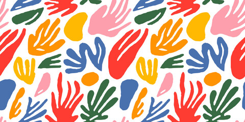 Abstract plant leaf art seamless pattern with colorful freehand doodle collage. Organic leaves cartoon background, simple nature shapes in vintage pastel colors.	
