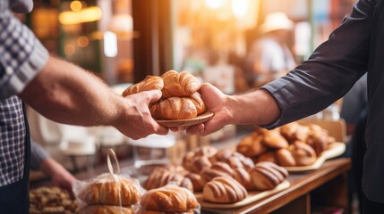  defocused handshake in a quaint pastry market, with racks of freshly baked breads and pastries in the background, in a cozy bakery - obrazy, fototapety, plakaty