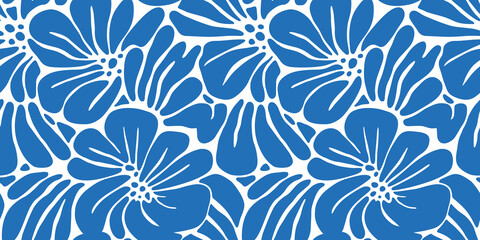 Abstract blue flower art seamless pattern. Trendy contemporary floral nature shape background illustration. Natural organic plant leaves artwork wallpaper print. Vintage spring texture.	
