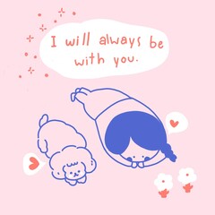 A girl with a dog is laying down on the floor with the pink background with a sentence said 