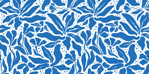 Abstract blue flower art seamless pattern. Trendy contemporary floral nature shape background illustration. Natural organic plant leaves artwork wallpaper print. Vintage spring texture.	
 - obrazy, fototapety, plakaty