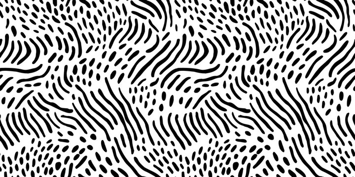 Abstract black and white line doodle seamless pattern. Creative squiggle style drawing background, trendy design with basic shapes. Simple hand drawn wallpaper print texture.	
