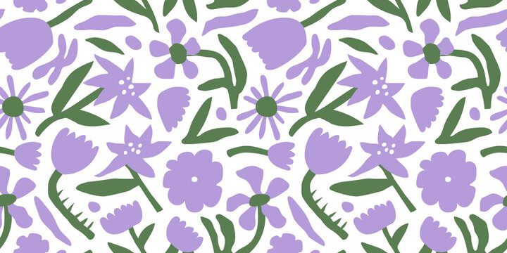 Colorful flower seamless pattern illustration. Children style floral doodle background, funny basic nature shapes wallpaper.	