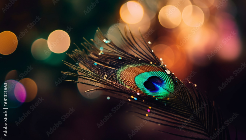 Poster vibrant peacock feather decoration with multi colored abstract pattern generated by ai