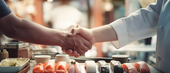  defocused handshake in front of a sushi fish stall, with chefs preparing dishes, in a culinary market style