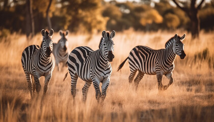 Fototapeta na wymiar Small group of striped mammals grazing in African wilderness reserve generated by AI