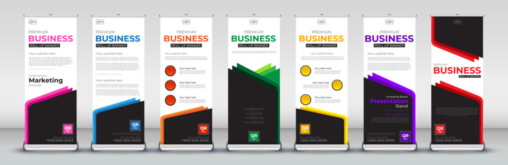 Abstract vertical business roll up Banner Design set for signboard Advertising Template standee X banner for Street Business in red, green, blue, yellow, orange, purple, orange  