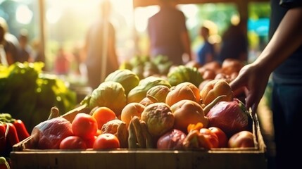 defocused scene of a customer at a local farmers' market, with fresh produce and friendly vendors, in a community market style ,sunny

