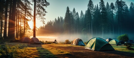 Camping Tents in a Forest at Sunrise