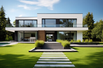 a minimalist modern house with grass lawn