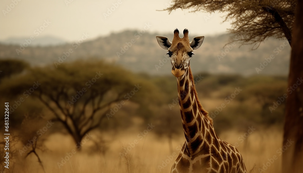 Canvas Prints Giraffe standing tall in African savannah, elegance in extreme terrain generated by AI