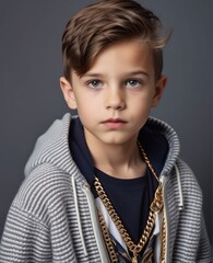 Potrait of  young boy with hairstyle and trendy outfit