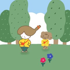 A girl with a red ribbon wearing a raincoat and her brown dog in a same coat are hiking in the forest on a sunny day 