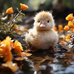 Photo of a fluffy duckling swimming in a pond. Generative AI - obrazy, fototapety, plakaty