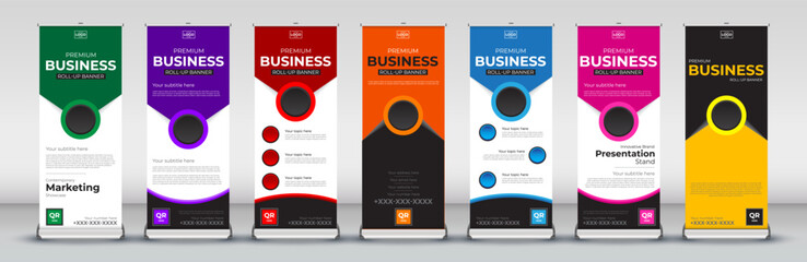 Abstract roll up Banner Design set for signboard Advertising Template standee X banner for Street Business in red, green, blue, yellow, orange, purple, orange  
