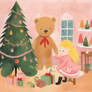 A teddy bear stands beside a decorated Christmas tree and presents.