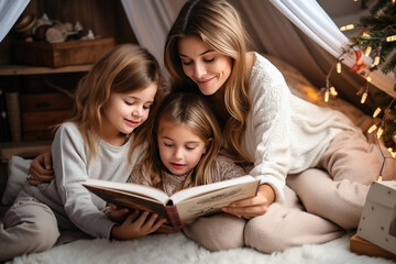 Loving young mother and small children rest on winter holidays at home reading book together. Caring happy mom relax with teen kids on New Year vacation enjoy literature. Family weekend