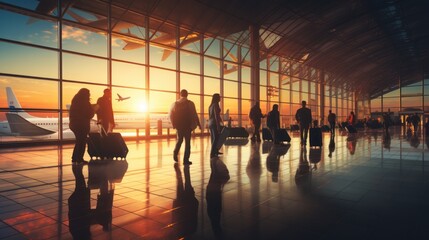 Busy Airport Terminal with Travelers at Dusk