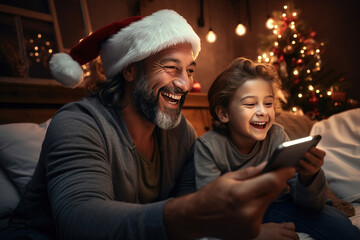 Happy kid and his father having fun on Christmas while talking to someone via video call from home.