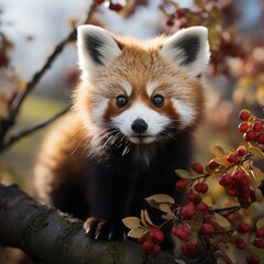 Photo of a cute red panda in a tree. Generative AI