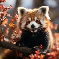 Photo of a cute red panda in a tree. Generative AI