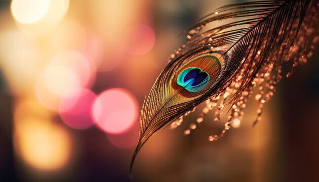 Iridescent peacock feather in vibrant colors on dark backdrop generated by AI