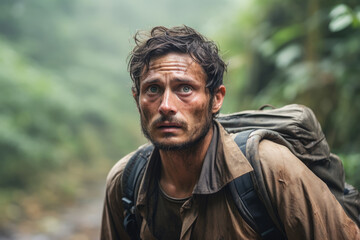 Portrait of scared man lost in rainforest