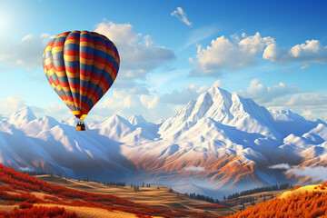 Experience the tranquility of a hot air balloon ride over a mountain range at dawn, with nature's beauty unfolding beneath. AI Generative.