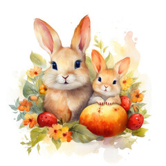 Cute mom and baby rabbit, fruits with flower Illustration, Generative Ai