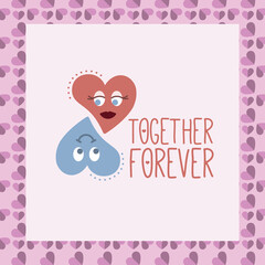 Digital png illustration of together forever text, hearts in pink square on transparent background