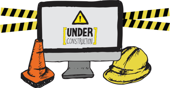 Digital png illustration of under construction text on screen with hardhat on transparent background