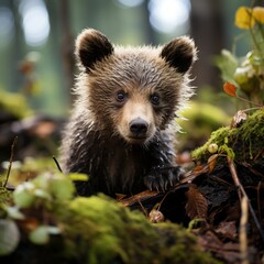 Photo of a fuzzy baby bear cub exploring the forest . Generative AI