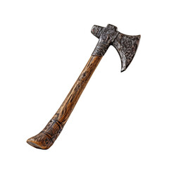 An Ancient Axe with a Weathered Wooden Handle Resting on a Clean, White Background . Transparent background cutout. PNG file