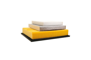 Car air filter isolated on white background , Pile of car air conditioning filters of various sizes...