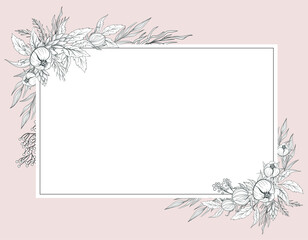 Hand drawn floral frames with flowers, branch and leaves. Wreath. Elegant logo template. Vector illustration for labels, branding identity, wedding invitation