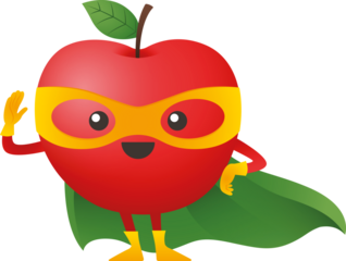Digital png illustration of cartoon apple in superhero suit on transparent background