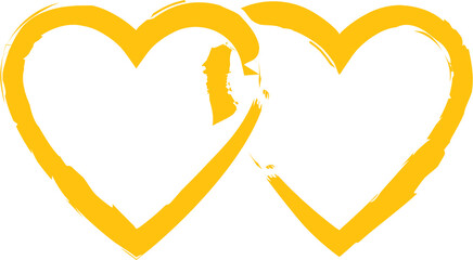 Digital png illustration of two yellow hearts with copy space on transparent background