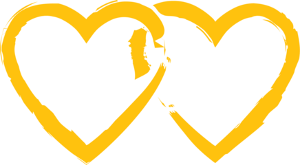 Digital png illustration of two yellow hearts with copy space on transparent background