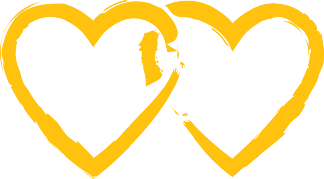 Digital png illustration of two yellow hearts with copy space on transparent background