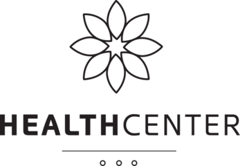 Digital png illustration of health center text with flower on transparent background