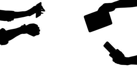 Digital png silhouette of hands holding digital devices on transparent background