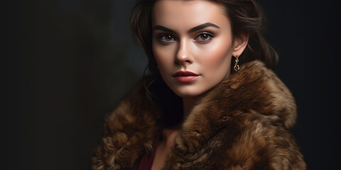 Portrait of beautiful young woman in luxury fur coat. Beauty, fashion. Beauty Sexy Girl in fur coat on a black background - Powered by Adobe