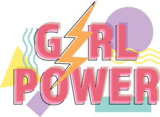 Digital png illustration of girl power text and colourful geometric shapes on transparent background