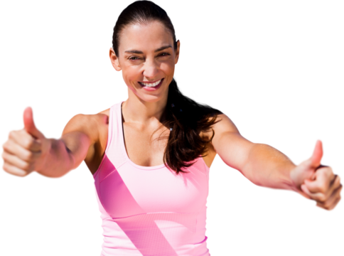 Digital png photo of happy biracial woman with thumbs up on transparent background - Powered by Adobe