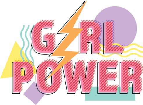 Digital png illustration of girl power text and colourful geometric shapes on transparent background - Powered by Adobe