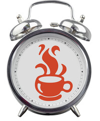 Digital png illustration of silver alarm clock with orange cup and steam on transparent background