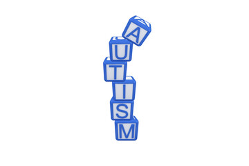 Digital png illustration of autism text on white and blue cubes on transparent background