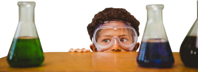 Digital png photo of african american boy hiding behind chemistry table on transparent background