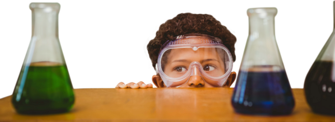 Digital png photo of african american boy hiding behind chemistry table on transparent background